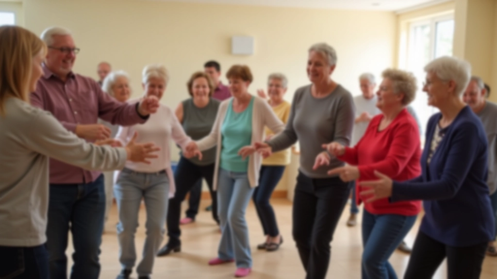 Belfast community center dance class with diverse age group participants, bright interior, inclusive welcoming atmosphere