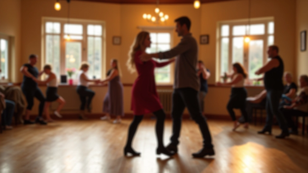 Cork city dance studio with natural light, couples practicing partner dance, wooden floor, intimate community setting