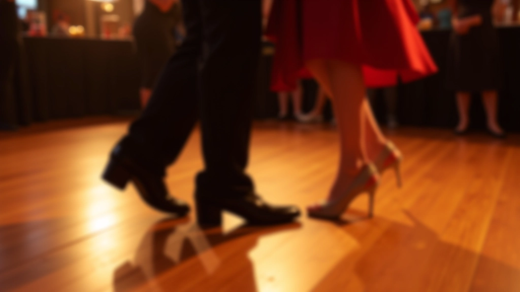 Close-up of salsa dancers' feet and lower legs, showing dress shoes and elegant attire, dance floor visible below