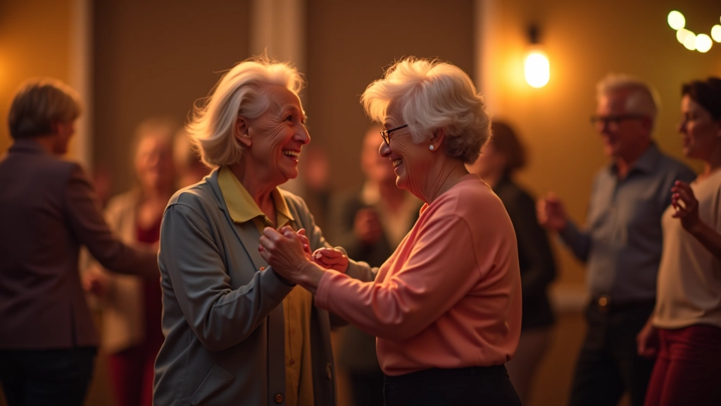 Diverse group of seniors smiling and connecting during a social dance event in an inclusive community space