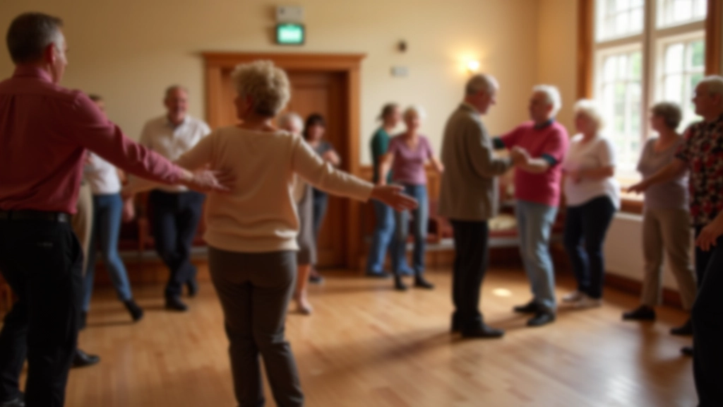 People dancing salsa in a colorful community hall, some couples in the center, others standing and watching around the edges