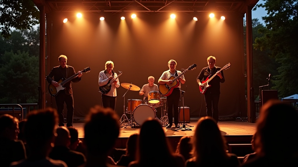 Live band performing on outdoor festival stage with brass instruments and drums, evening golden lighting