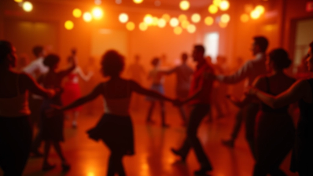 Vibrant Dublin dance hall with people dancing salsa, warm amber lighting, energetic movement captured mid-spin, city venue