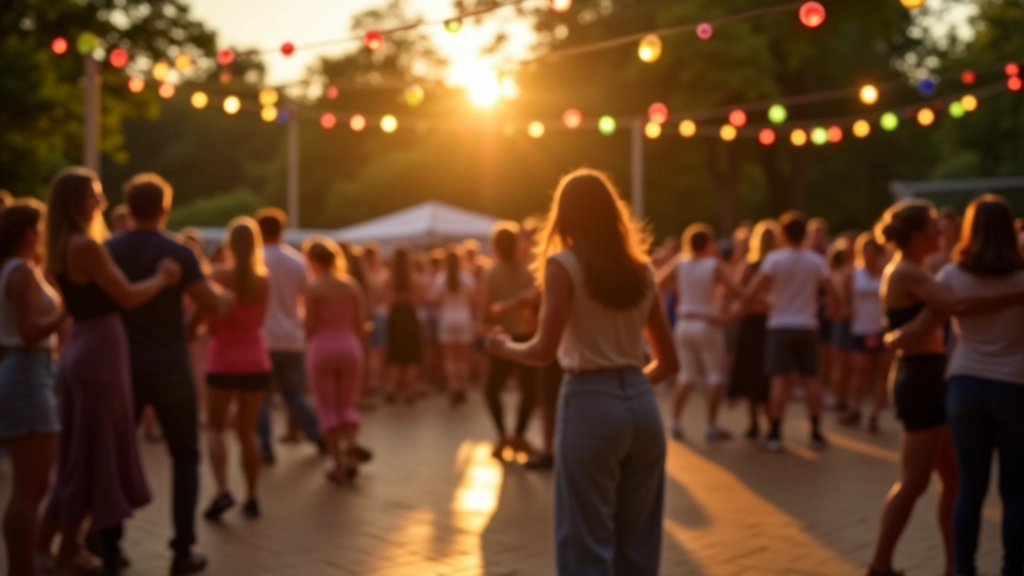 Outdoor summer dance festival with string lights overhead and people moving freely in an open green space