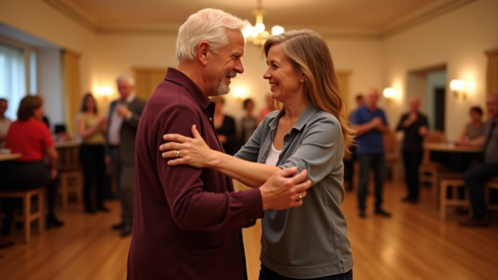 Couples dancing salsa together in a bright community hall with wooden floors and warm lighting