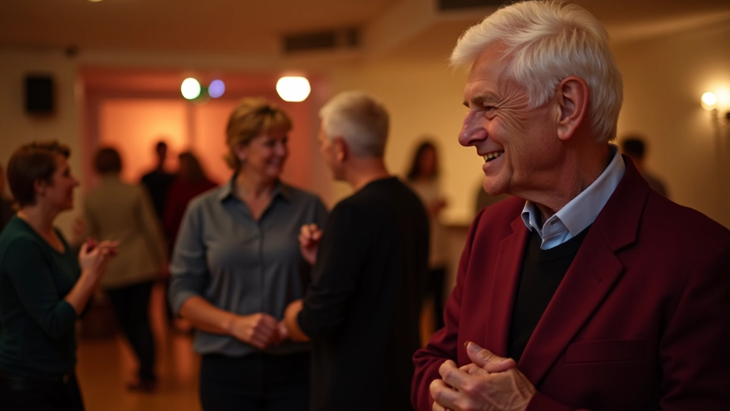 Friendly group of seniors smiling and chatting at the edge of a dance floor, relaxed atmosphere, warm evening light